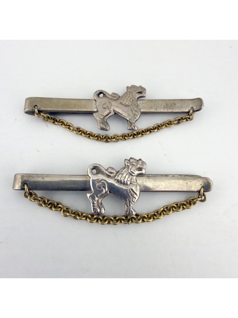 Vintage Nepal Guardian Lion Tie Bar Set of 2 Figural Silver Tone